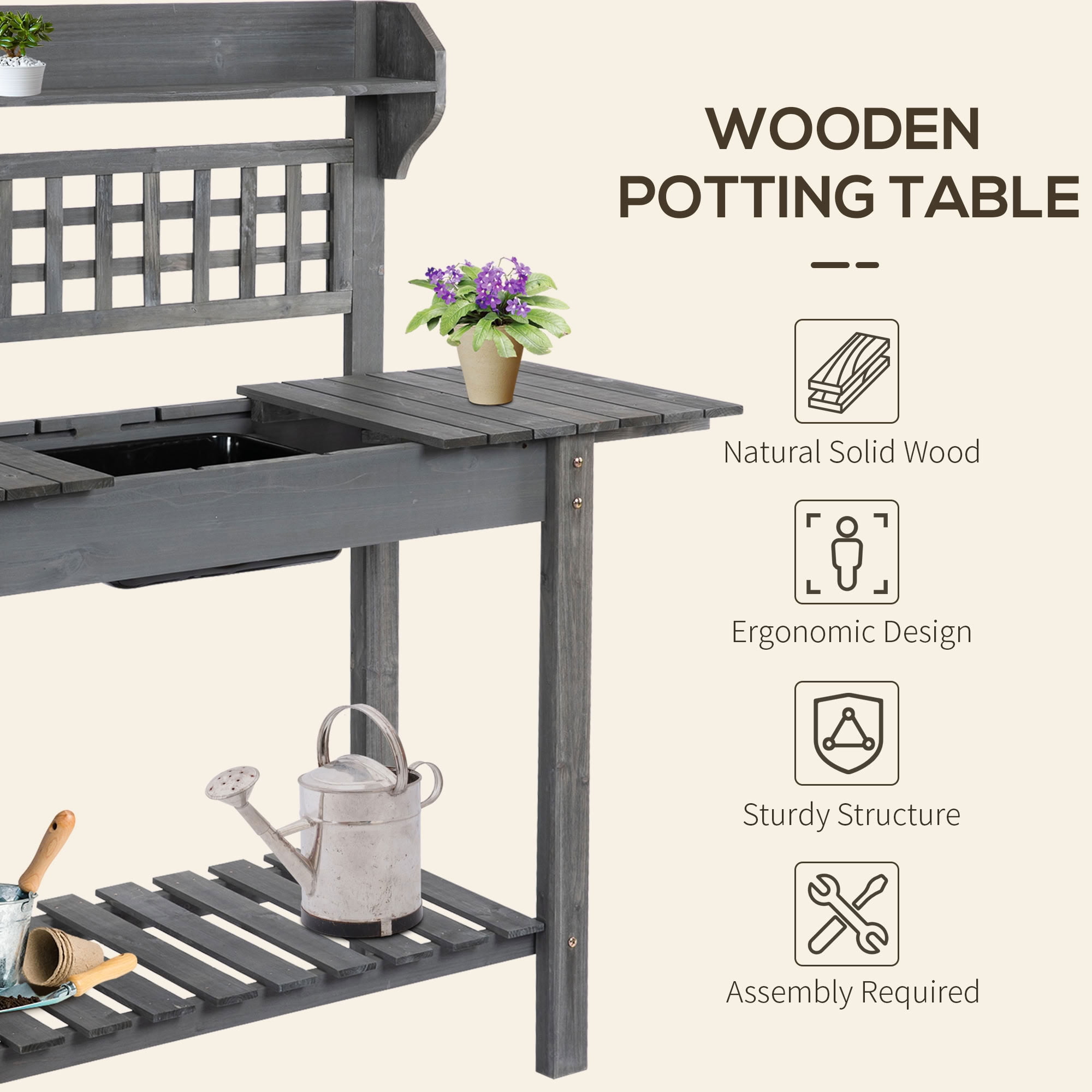 MAYEERTY 55" Tall Wooden Potting Bench with Expandable Sliding Tabletop, Dry Sink, Outdoor Garden Workstation for Patio, Yard, Backyard