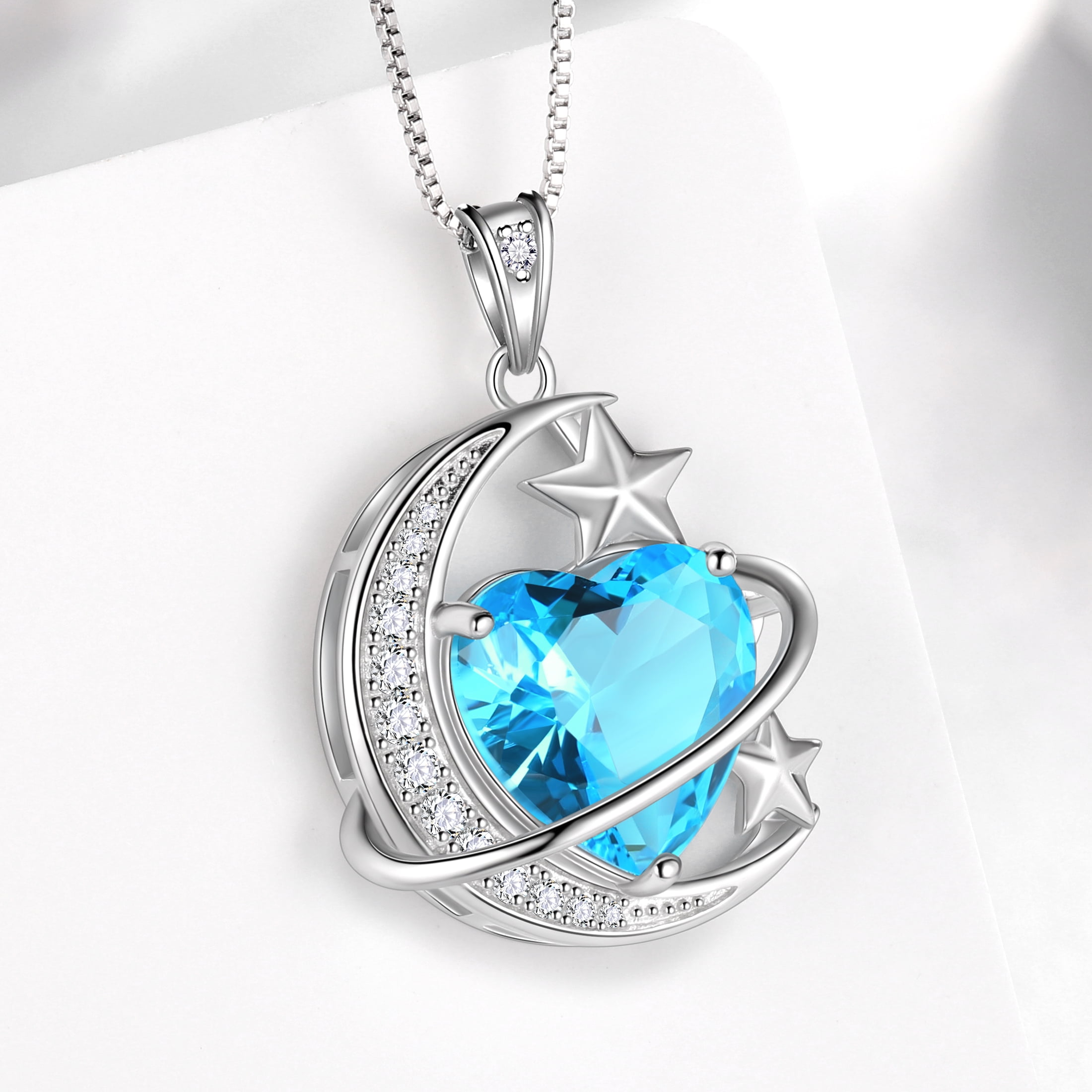 Juwaliy 13MM Women Moon Star Necklace Heart March Birthstone 925 Sterling Silver Pendant Blue Aquamarine Planet Celestial Jewelry Birthday Christmas Valentines Gift for Wife/Mother