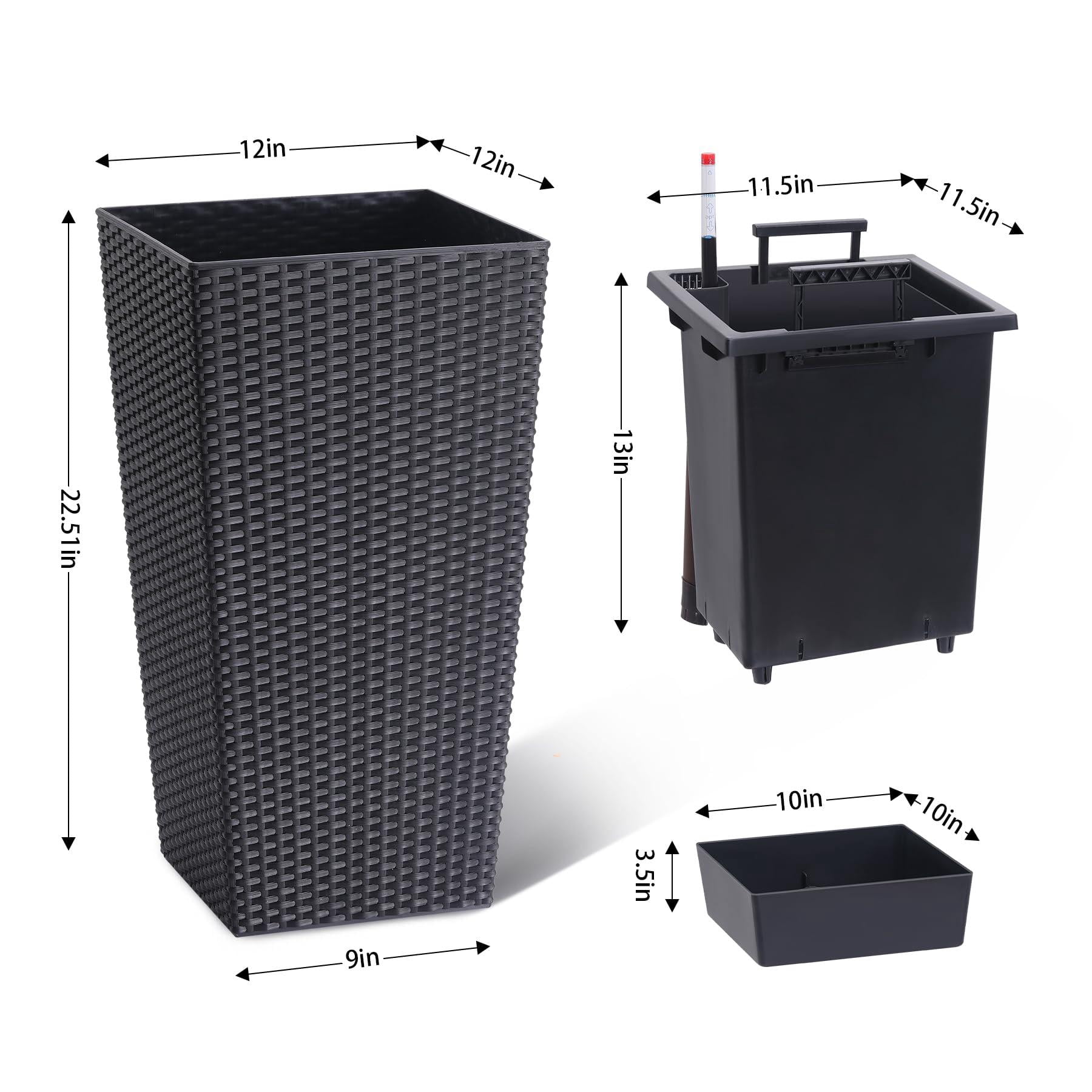 Kicctian Set of 2 Tall Rattan Planters – 22.5" Modern Plant Pots with Built-in Drainage & Removable Liners – Ideal for Indoor Outdoor Patio, Porch, Garden Decor, Black