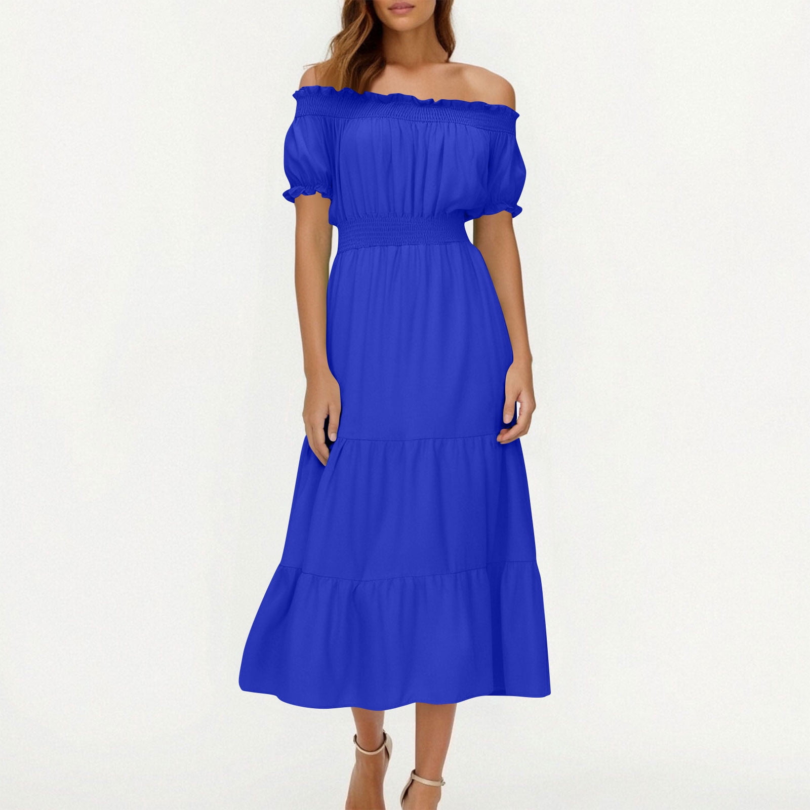 gljltg Ladies Elegant Summer One-shoulder Solid Color Short-sleeved Elastic Waist Women's Dress with Print, Stylish Fashionable for Women, Ladies, Suitable for Casual, Party, Daily, Beach