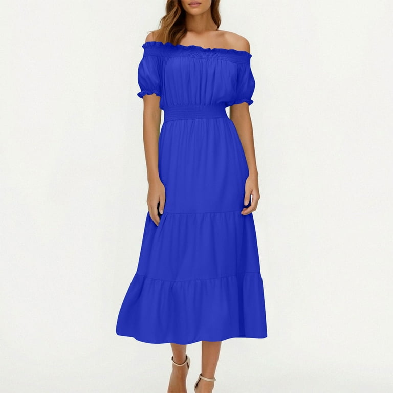 Royal Blue Ladies Maxi Long Dress Homecoming Dresses for Juniors Short  Sleeve Off One Shoulder Formal Prom Party Evening Gowns Modest Fall Summer  Dress 2025 M