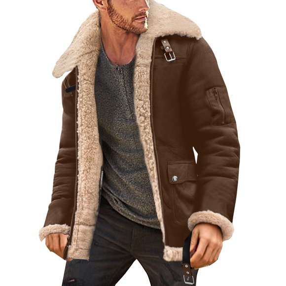 Outfmvch Jackets For Men Bomber Jacket Men Mens Fashion Simple Winter Coat Lapel Collar Long Sleeve Padded Leather Jacket Vintage Thicken Coat Sheepskin Jacket Leather Jacket Men Khaki L