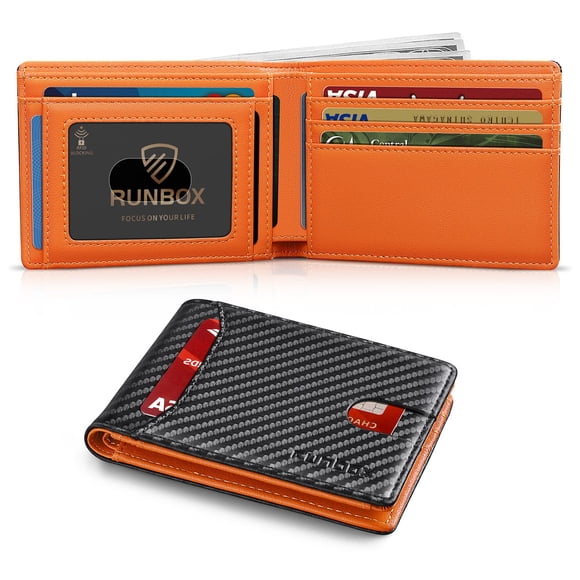 Cartera RUNBOX, doble, delgada, con bloqueo RFID, piel negra