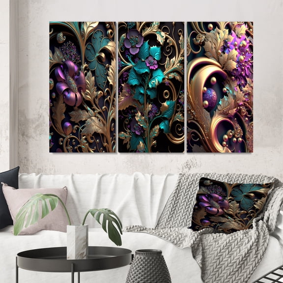 Designart "Abstract Ornate Flowers Purple and Gold Delight I" Floral Wall Art Set Of 3 - Traditional Gold Canvas Set For Living Room Decor