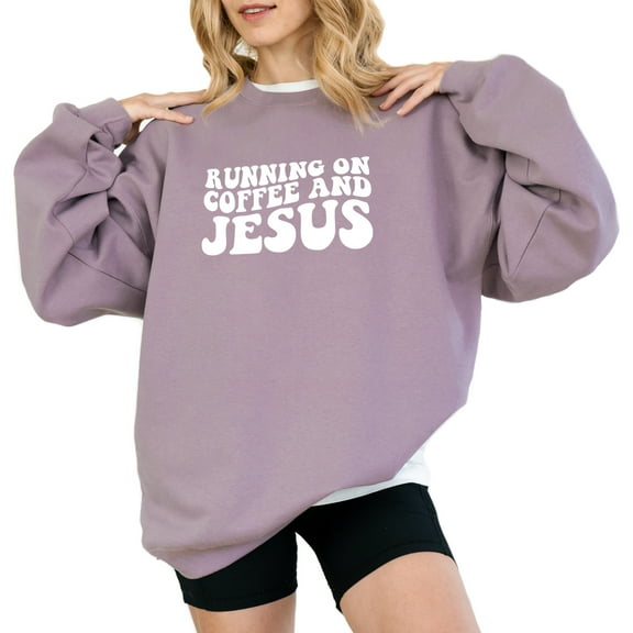 Verita Culture Running On Coffee And Jesus Christian Women's Graphic Crew Neck Long Sleeve Sweatshirt Top