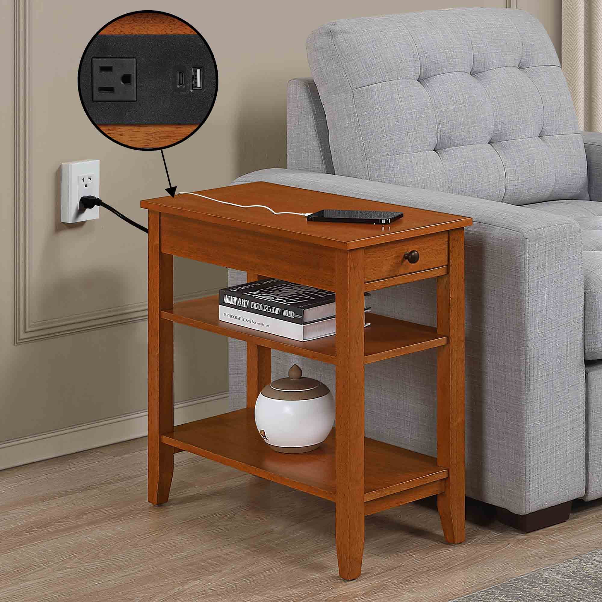 Convenience Concepts American Heritage 1 Drawer Chairside End Table with Charging Station and Shelves, Light Walnut
