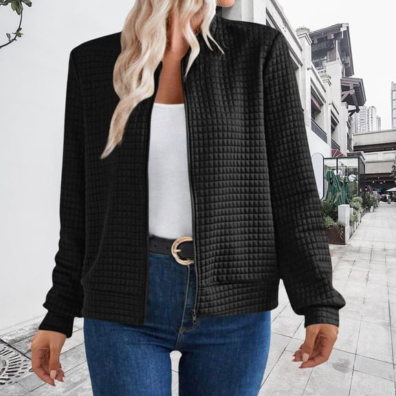 Women's Waffle Texture Zip Up Jacket, Long Sleeve Lightweight Cardigan, Casual Loose Fit Sweatshirt, Soft Fall Fashion Top, Breathable Open Front Coat, Comfortable Layering Piece Black L