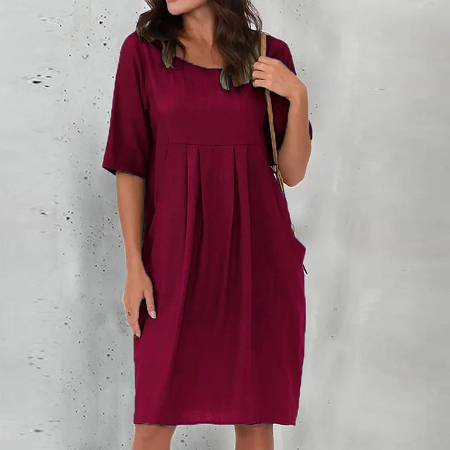 Puntoco Vestido De Mujer De Color Liso De Algodón Y Lino Con Cuello Redondo Y Manga Corta Con Bolsillos Vestido De Manga Corta Con Cuello Redondo Burdeos M,Regalos Para Mujer Joven