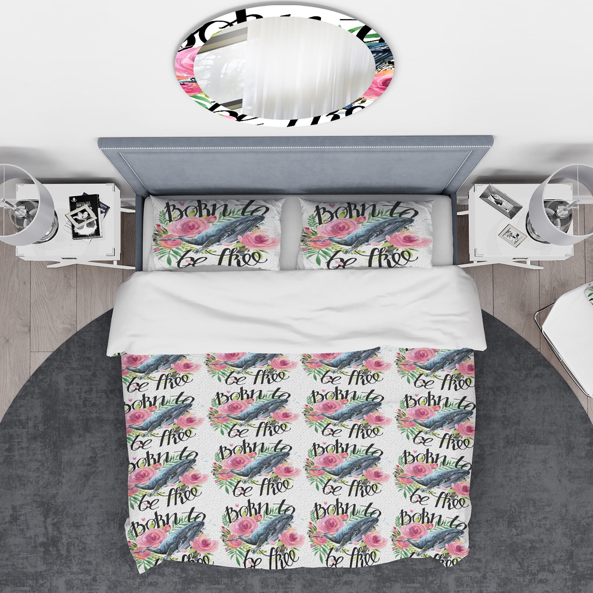 Designart 'Whale and Roses' Traditional Duvet Cover Set