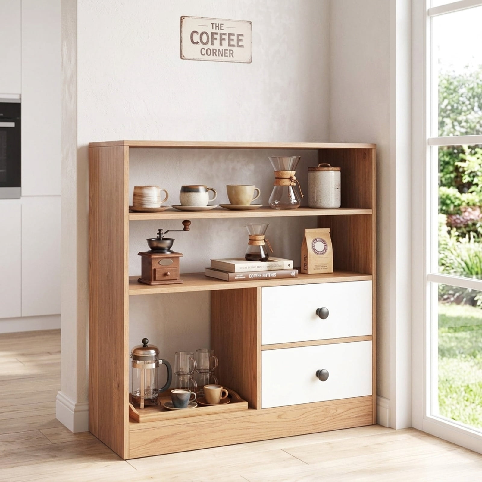 Furnibear Open Accent Cabinet with 2 Drawers 3 Compartments and Countertop Bookshelf Storage for Entryway Living Room and Bedroom, Natural