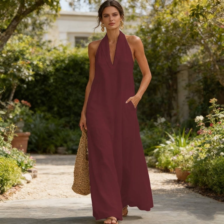 flowy brunch dress Linen Halter Maxi Dresses for Women 2026 Summer Casual Sleeveless Long Beach Vacation Gauze Sundress grey Simple Spaghetti Strap Yellow/Royal Size:128 flowy fit Measurements S