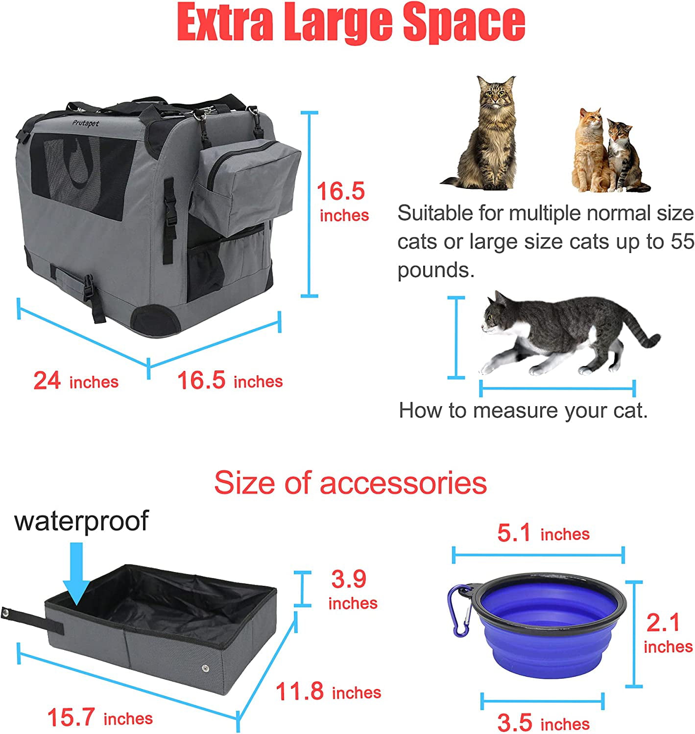 Petseek Extra Large Cat Carrier Soft Sided Folding Small Medium Dog Pet Carrier 24 inchx16.5 inchx16 inch Travel Collapsible Ventilated Comfortable