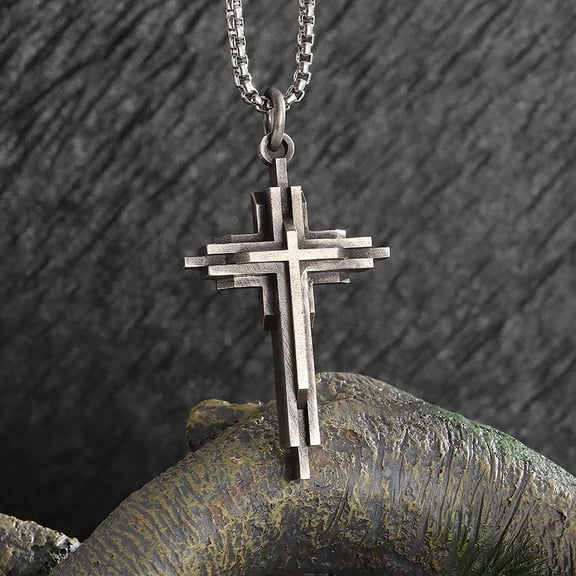 Vintage Catholic Cross Pendant Necklace Men Women Christian Believers Prayer Amulet 14K White Gold Jewelry
