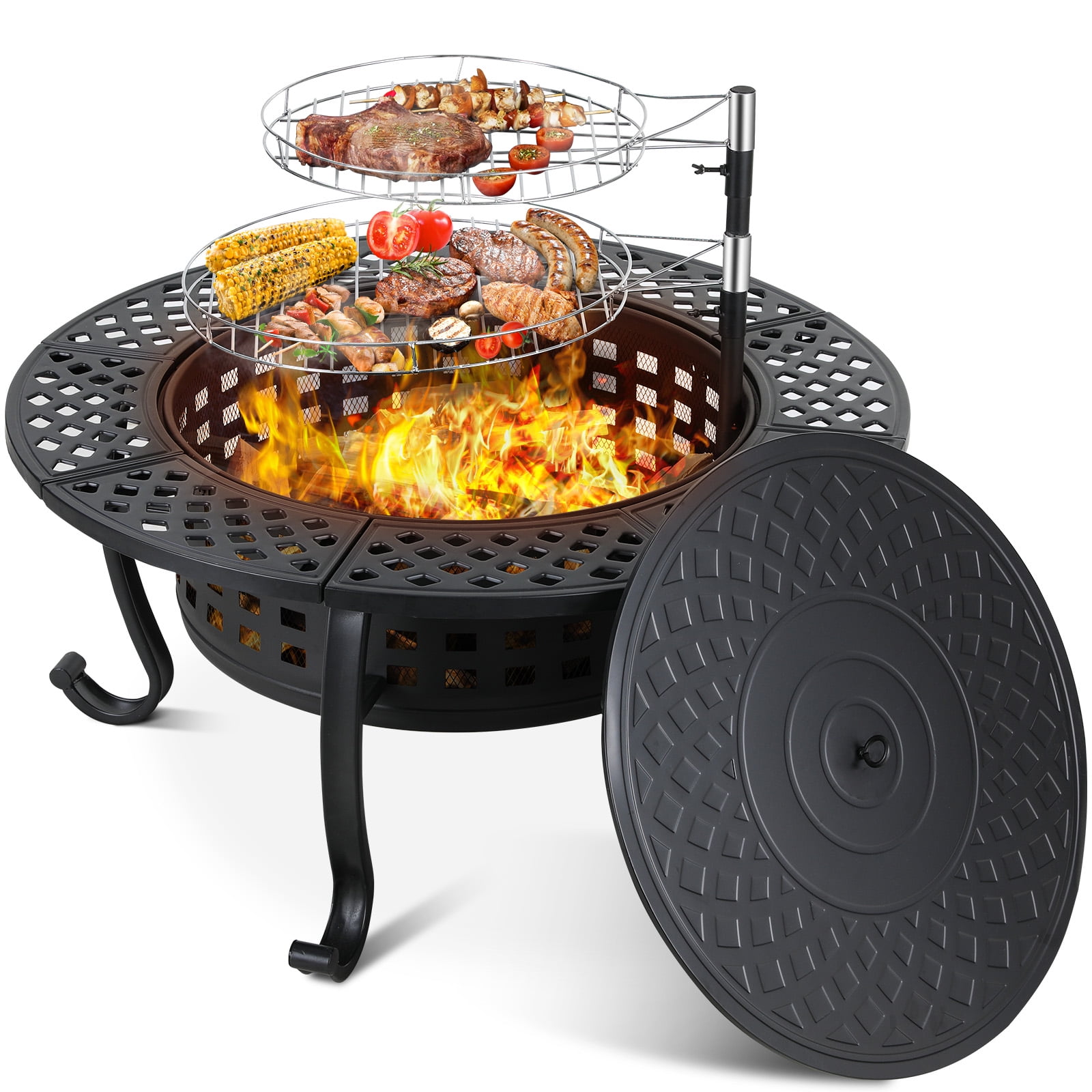 Arlopu Metal Fire Pit for Outside, 37'' Round Fire Pit Patio Wood Burning Fire Pit Table with Cooking BBQ Grills & Lid for Outdoor Camping Picnic Bonfire Party
