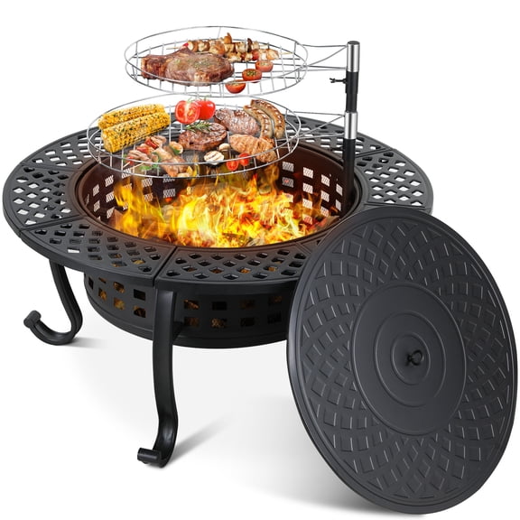 Arlopu Metal Fire Pit for Outside, 37'' Round Fire Pit Patio Wood Burning Fire Pit Table with Cooking BBQ Grills & Lid for Outdoor Camping Picnic Bonfire Party