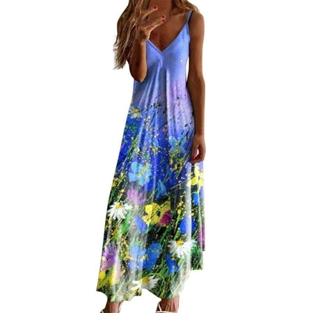 

Boho Summer Deep V Neck Sleeveless Maxi Dress For Women Casual Printing Sundress Elegant Swing Long Dress Blue XXL