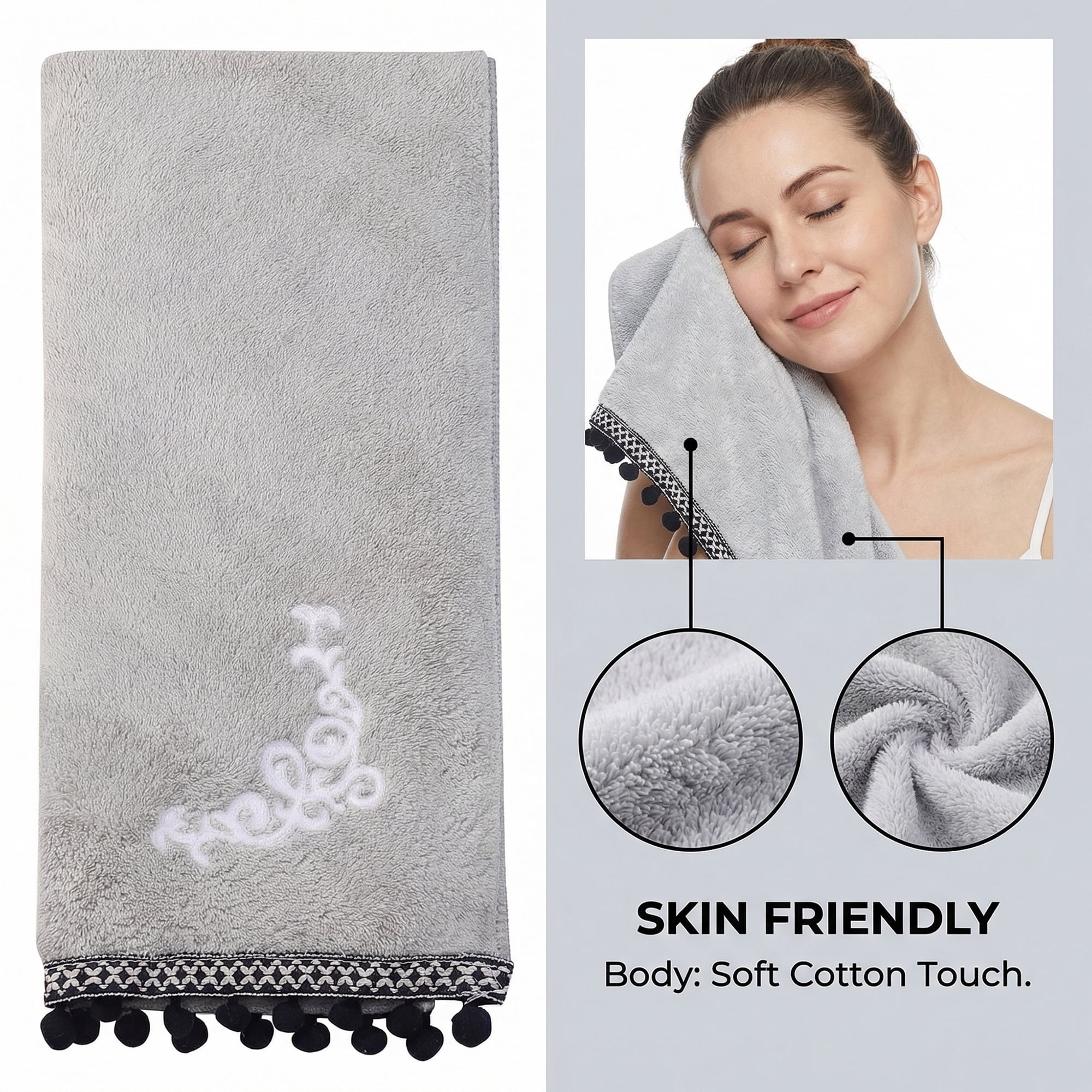 Unique Bargains Boho Embroidery Coral Fleece Hand Towels Grey 2pk