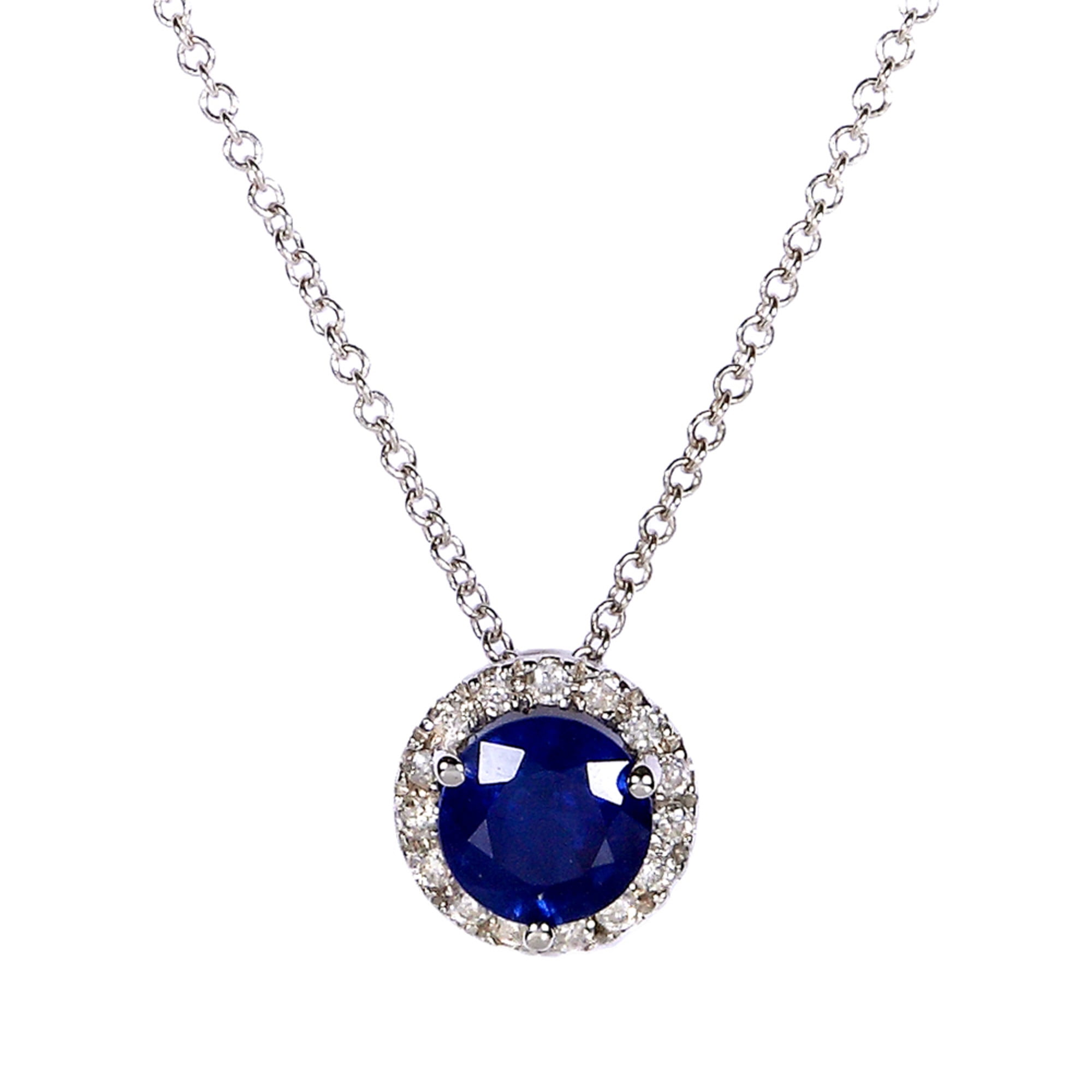 Round Blue Sapphire and Diamond Necklace 7 8 Carat (ctw) in 14k White Gold by