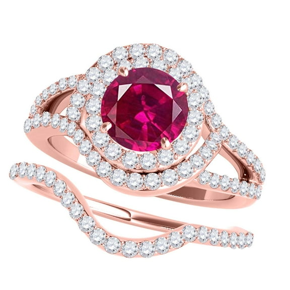 Mauli Jewels Engagement Rings for Women 1.91 Carat Halo Split Shank Interwined Design Created Ruby And Diamond Bridal Set prong 14k Rose Gold