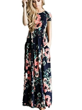 Women Floral Maxi Dress Short Sleeve Holiday Summer Evening Party Beach Sundress