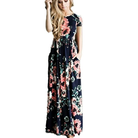 Women Floral Maxi Dress Short Sleeve Holiday Summer Evening Party Beach Sundress