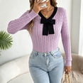 thumbnail image 6 of QIYAGBSA Womens V Neck Sweater Cable Knit Contrast Bow Detail Long Sleeve Pullover Casual Fall Winter Top (Purple L), 6 of 8