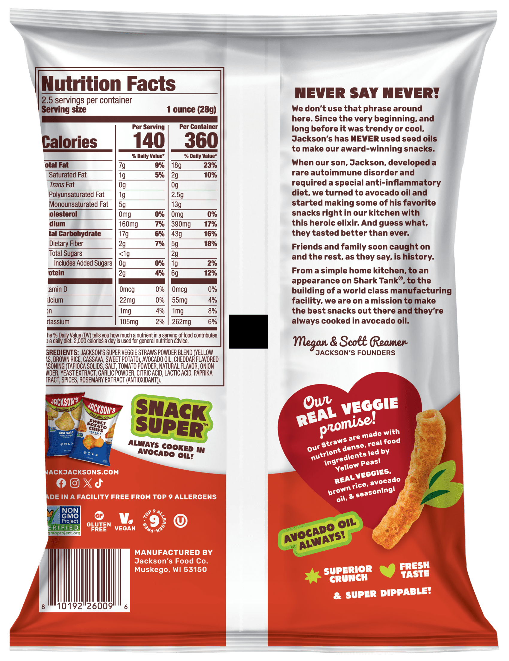 Jackson's Cheddar Super Veggie Straws Avocado Oil, 2.5 oz