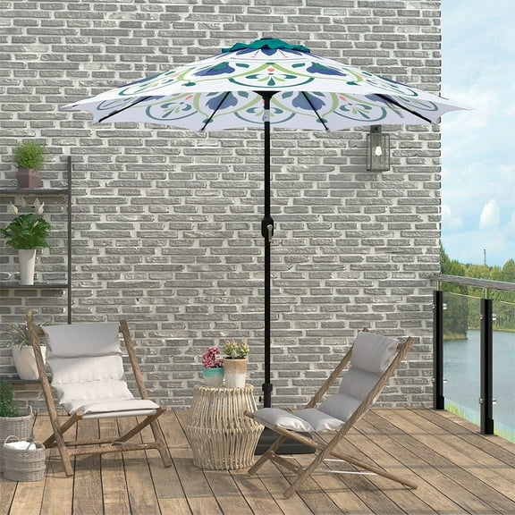 Abble Outdoor 9ft Patio Umbrella with Crank Handle and Push Button Tilt, Outdoor Market Umbrella with 8 Ribs, Printed Patio Umbrella
