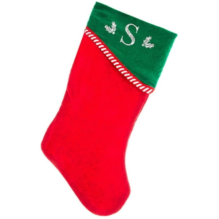 Christmas Stocking Monogrammed Monogrammed Christmas Stocking, Red with Green Angled Cuff with White Serif Glitter Initial ()
