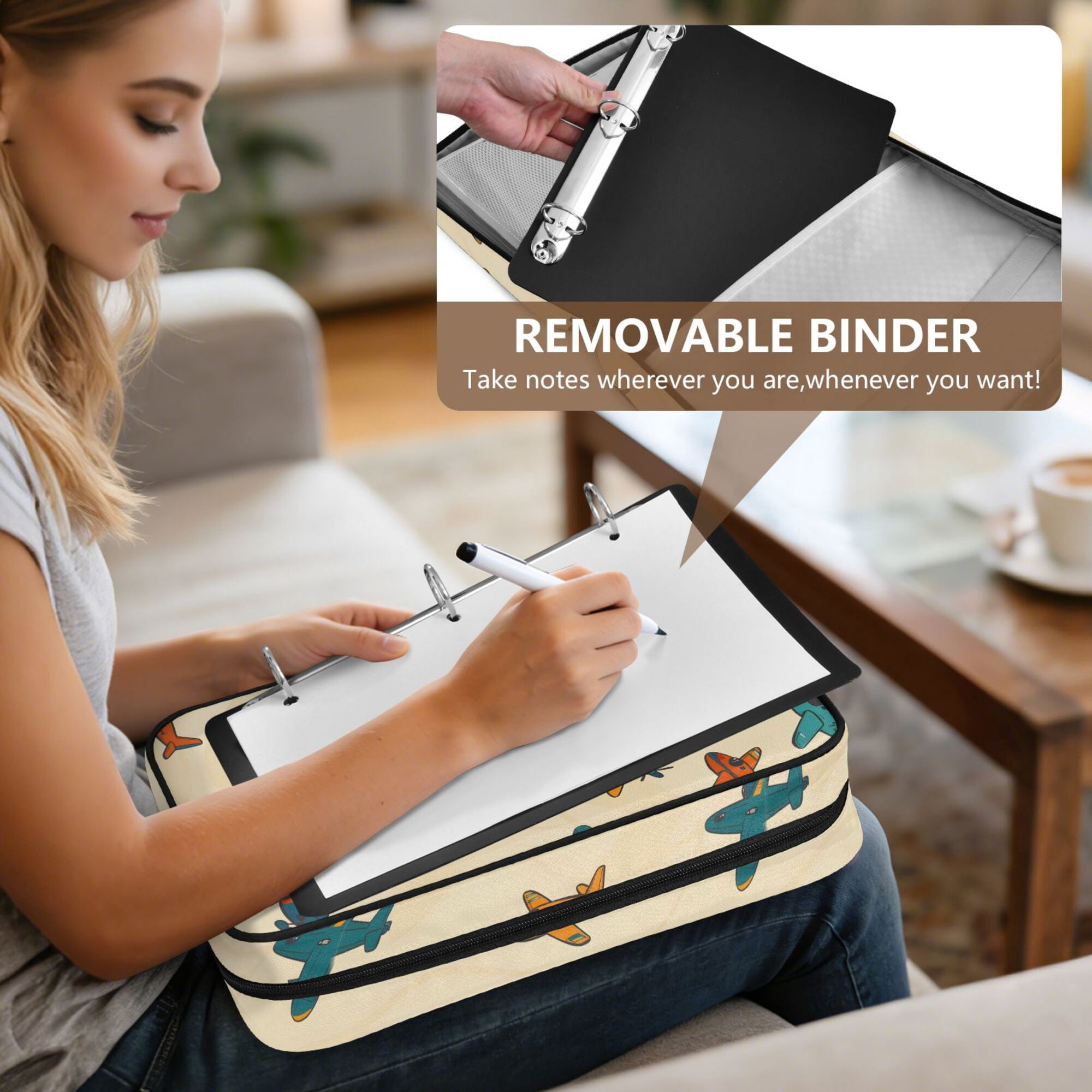 FORMRS Accordion File Folder A4 Size 7-Pocket Expanding Document Organizer Bag with 3 Ring Binder, Brown Cartoon Planes Pattern