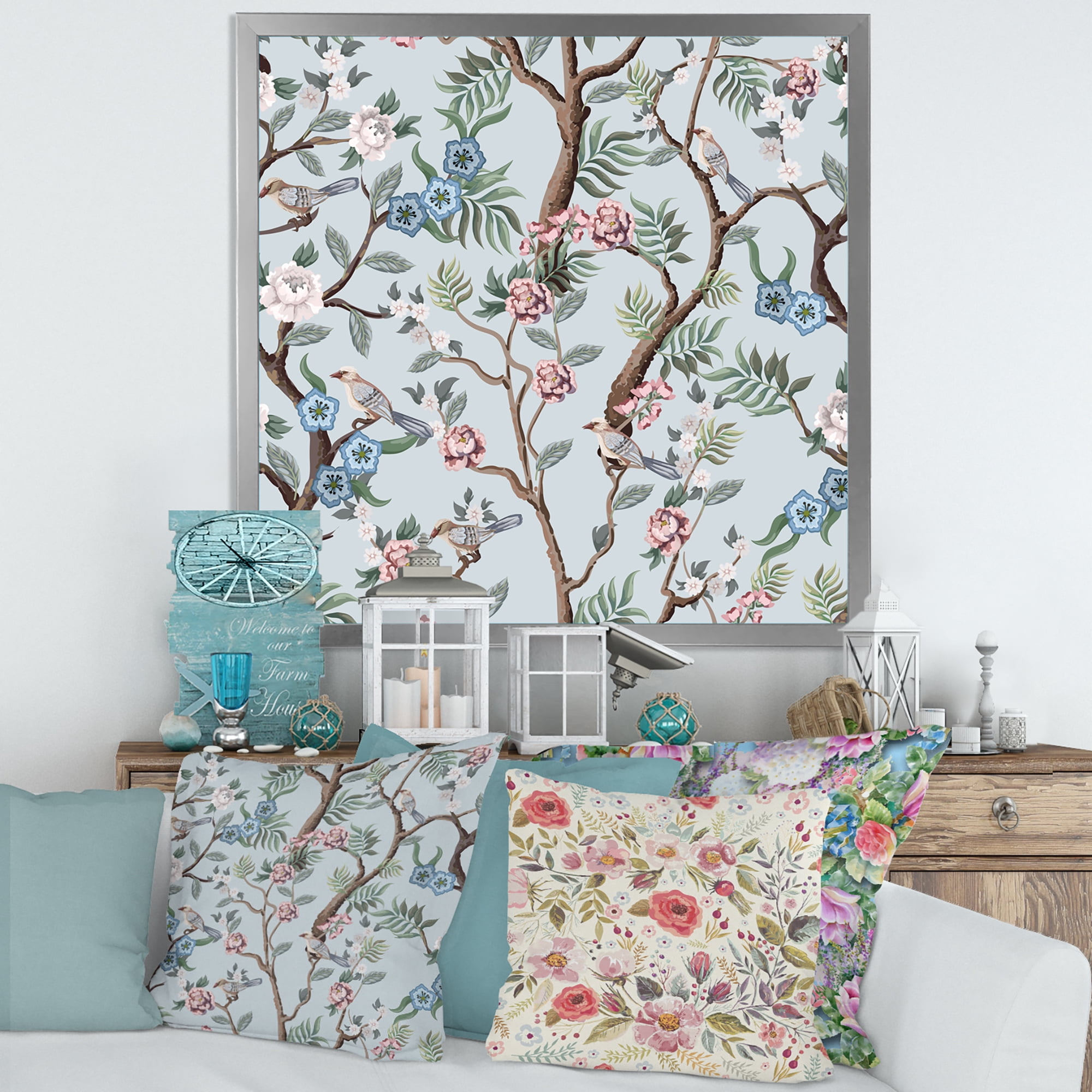 Designart 'Birds and Peonies With Chinoiserie X' Traditional Framed Art Print