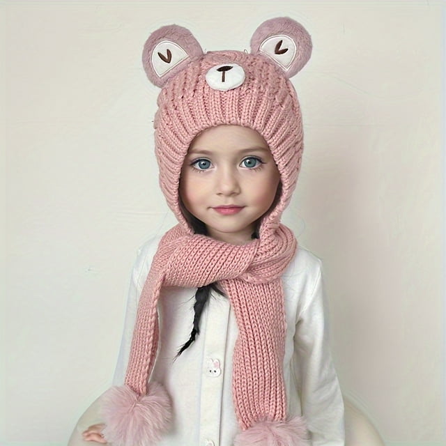 DEBGFS Bonnet Tricoté pour Enfants avec Foulard Intégrée - Cache-Oreilles Extensible en Polyester pour Enfants de 3 à 14 Ans, Tenue Décontractée Quotidienne pour Automne/hiver, Parfait pour les Sorties d'Anniversaire - Ha