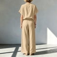 thumbnail image 5 of BRELIL Women Plus Size Two Piece Outfits V Neck Short Sleeve Tee Wide Leg Pants Casual Lounge Set Solid Boho Vacation Travel Loose Tracksuit, Khaki 2XL, 5 of 6
