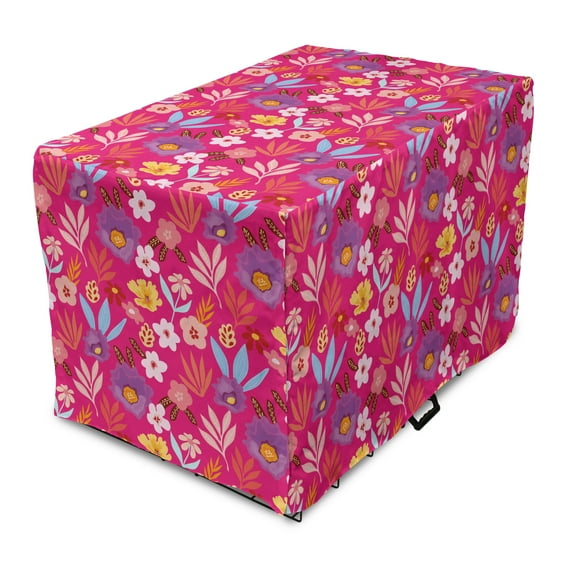 Floral Dog Crate Cover, Tropical Illustration of Vibrant Flowers Palm Leaves and Other Plantation, Easy to Use Pet Kennel Cover Small Dogs Puppies Kittens, 7 Sizes, Magenta Multicolor, by Ambesonne