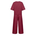 thumbnail image 7 of Dazajoo Linen Sets for Women 2 Piece Short Sleeve Round Neck Tops Matching Wide Leg Pants with Pockets 2025 Summer Beach Vacation Lounge Suits,Wine,L, 7 of 7