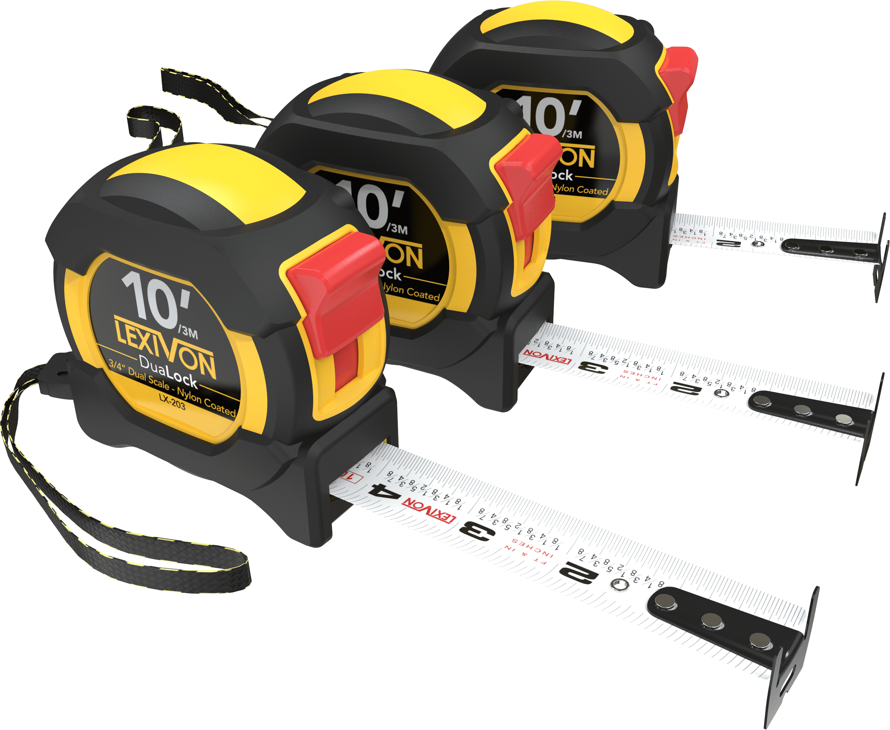 LEXIVON [3-Pack] 10Ft/3m DuaLock Tape Measure | 3/4-Inch Wide Blade With Nylon side, Matte Finish White & Yellow Dual Sided Rule Print | Ft/Inch/Fractions/Metric (LX-203)