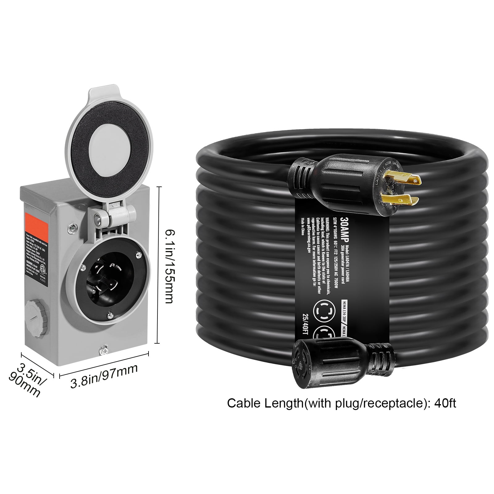 SKYSHALO Generator Cord with Inlet Box, 40 FT 30A, RV Extension Cord NEMA L14-30P/R, STW 10 AWG Extension with Locking Plug, Outdoor RV Use, ETL Certified