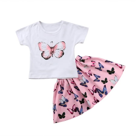 

Sunisery 2Pcs Toddler Kids Girls Skirts Outfits Butterfly Prints Short Sleeve T-Shirt + Printed Skirt Clothes Sets White 1-2 Years