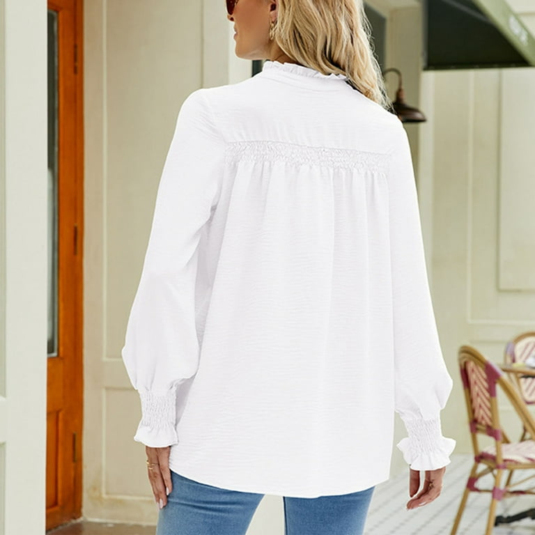 Hfyihgf Womens Elegant Ruffle Trim Shirts Long Sleeve V Neck Button Down  Blouse Casual Relaxed Fit Solid Tees Party Office Tops(White,L)