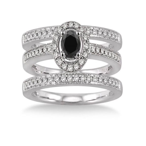 2 Carat Black Diamond Trio set Halo Ring on 10k White Gold