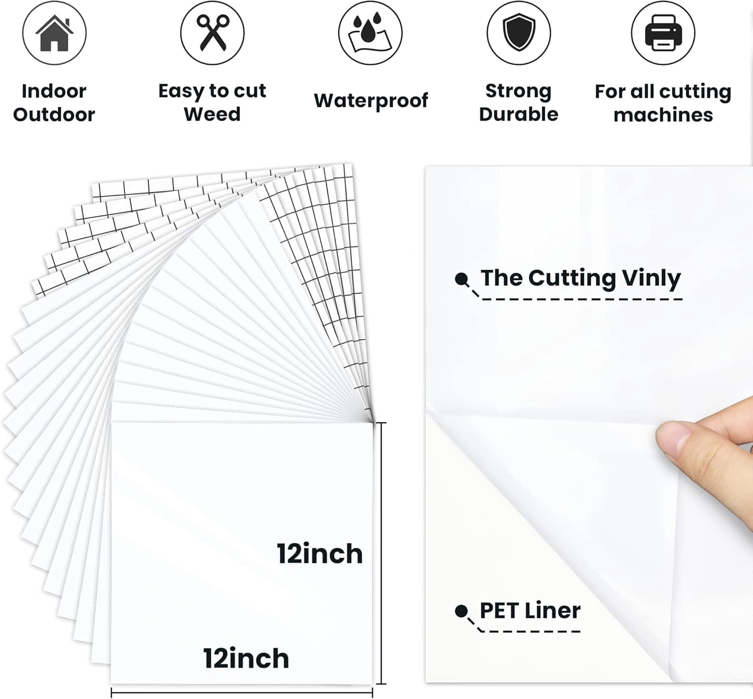 White Permanent Vinyl, 12" x Adhesive Sheets, 15 Vinyl Sheets & 5 Transfer Tape Permanent, Glossy Waterof