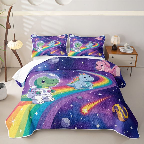 Manfei Space Astronaut Dino Animals Twin Quilt Set,Neon Stars Rainbow Twin Coverlet Set,Blue Pink,2 Pieces,1 Bedspread and 1 Pillowcase