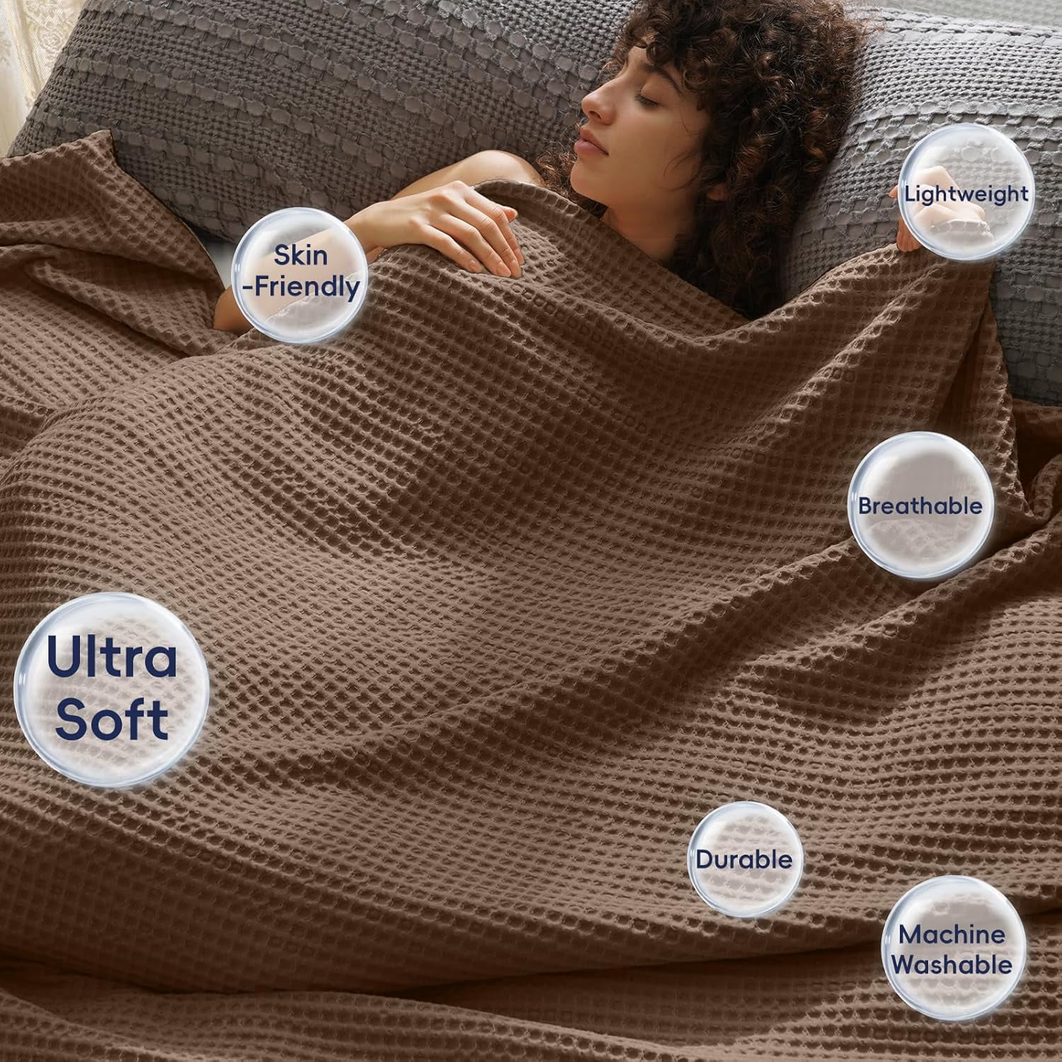 PHF Ultra Soft Waffle Weave Blanket King Size, Washed Lightweight Summer Breathable Blankets for Hot Sleeper, Chocolate, 104x90 inches