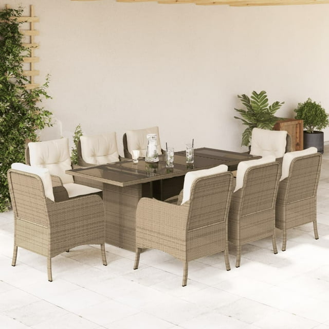 vidaXL 9 Piece Garden Dining Set with Cushions Beige Poly Rattan
