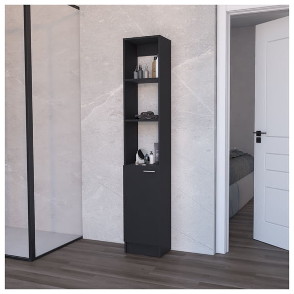 Brenda Linen Cabinet with 1 door, 3 open shelves   Black   1   5    60 in & above   Bathroom   10 - 15 inches   Particle Board   Engineered Wood