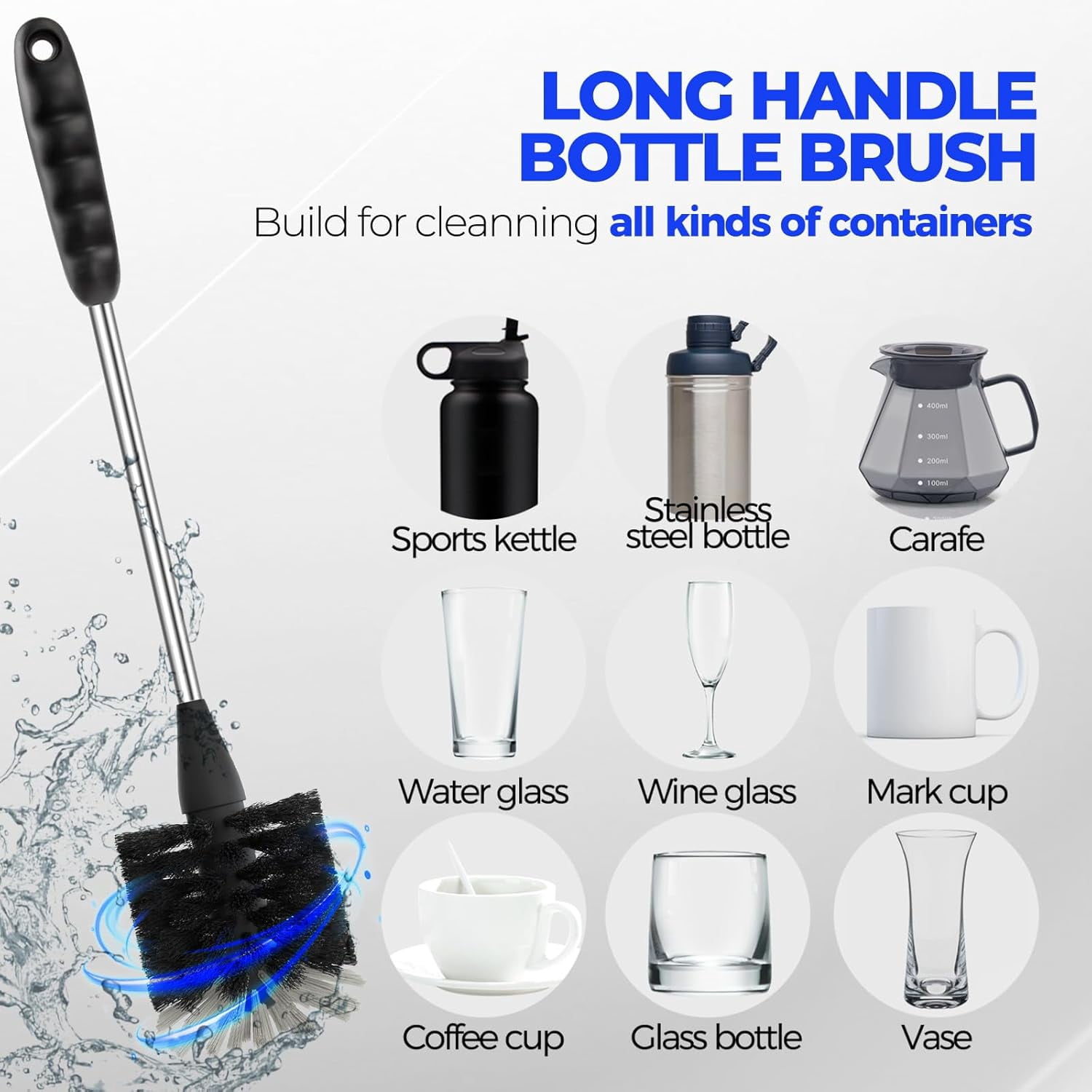 6 Pack Bottle Brush Set, 14" Long Handle Stainless Steel Bottle Cleaner Brush, 3 Straw Brushes, 3-in-1 Bottle Cleaning Brush for Water Bottle, Antistatic Lab Brushes, Straws Black