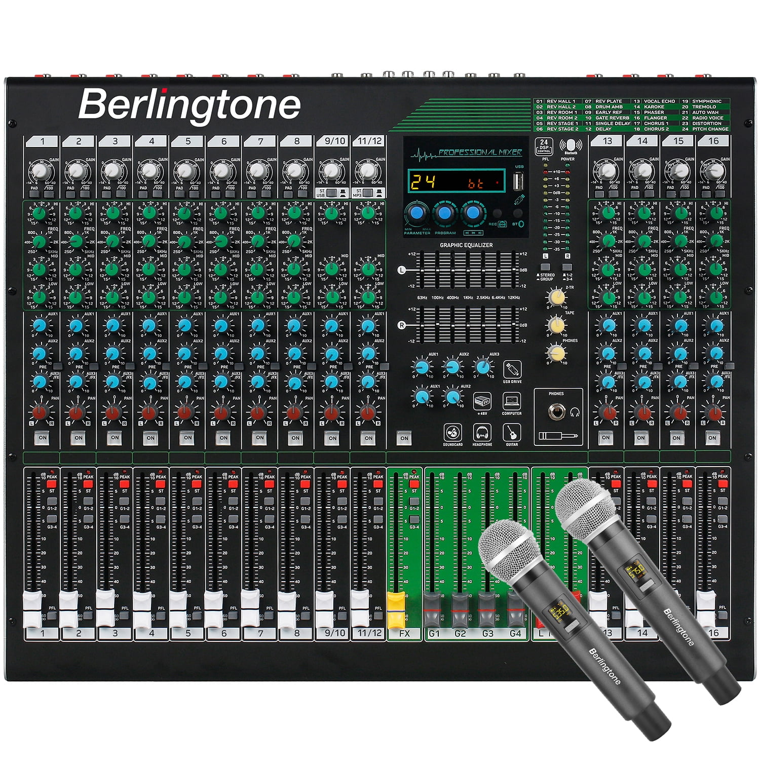 Berlingtone BR-216MX,16-Channel Professional Bluetooth Audio Mixer, PC Recording, 24 DSP Effects,48V Phantom Power,14 Microphone Jack, 2 Stereo Input Soundboard,14 band EQ, RCA Input/Output, Unpowered