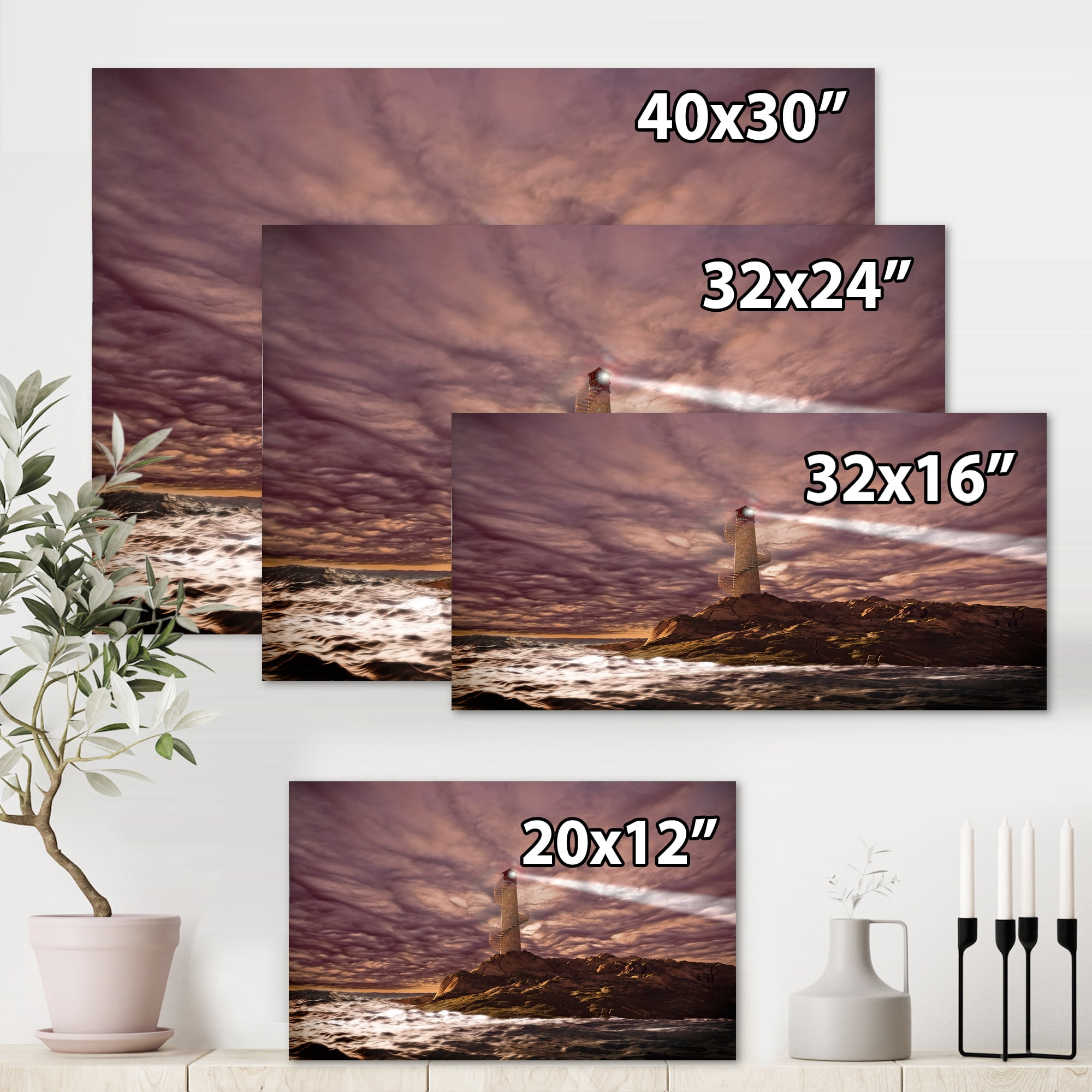 Designart ' Lighthouse Shining Light During Stormy Clouds Night I ' Nautical & Coastal Canvas Wall Art Print