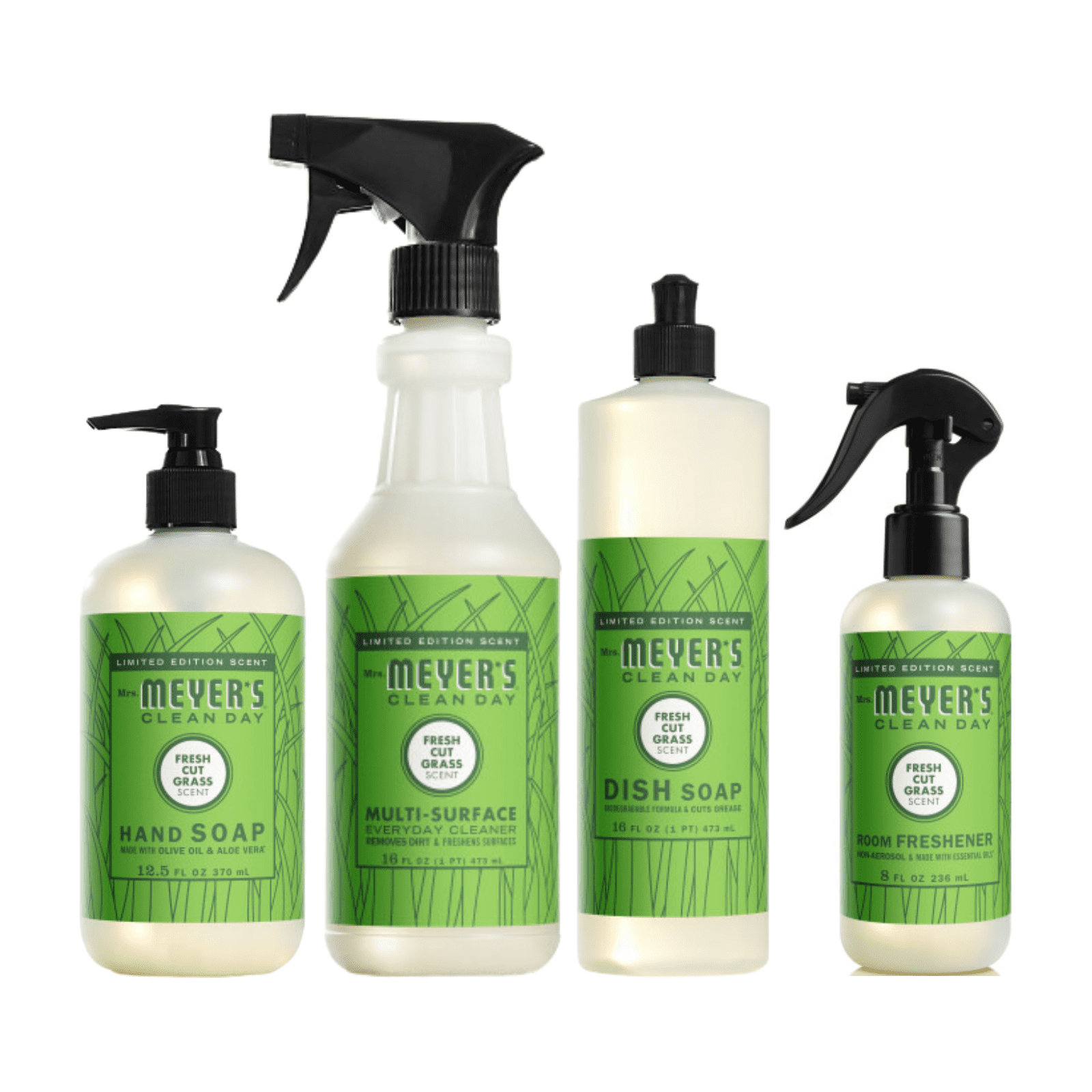 Mrs. Meyer’s Clean Day Fresh Cut Grass Scent Variety Pack, Liquid Hand Soap 12.5 fl oz, Dish Soap 16 fl oz, Multi-Surface Cleaner 16 fl oz, Room Freshener 8 oz, 1 ct