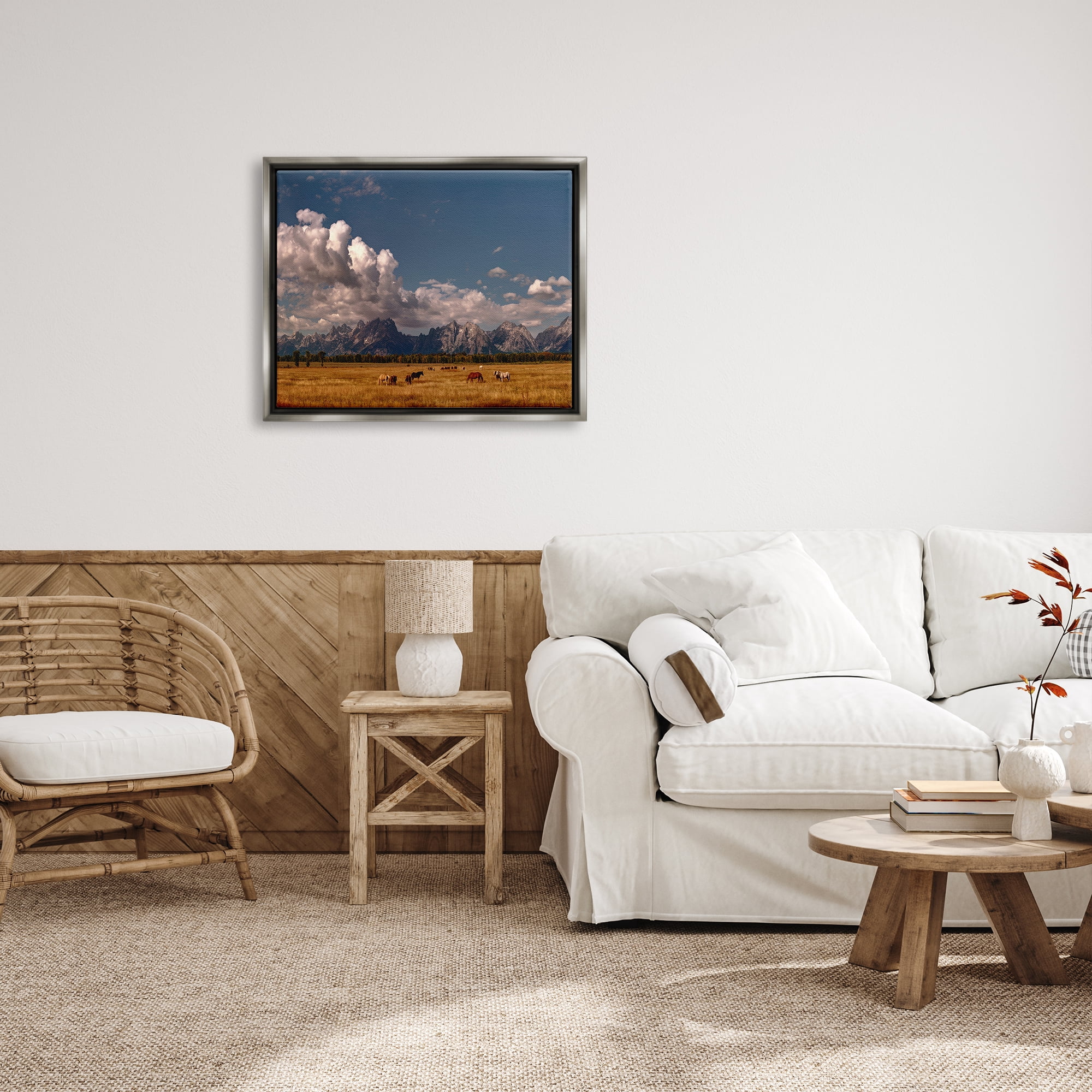 Stupell Industries Horses Grazing Mountain View Nature Photography Gray Floater Framed Art Print Wall Art, 31 x 25